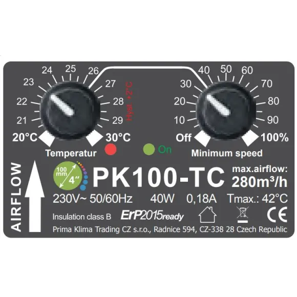Prima Klima Fan 100, 280m³/h mit Temperatur Controller
