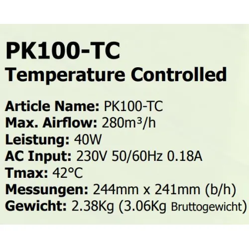 Prima Klima Fan 100, 280m³/h mit Temperatur Controller