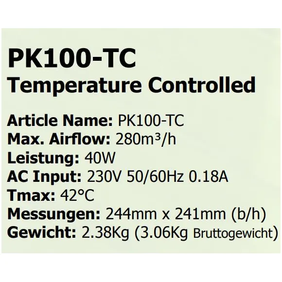 Prima Klima Fan 100, 280m³/h mit Temperatur Controller