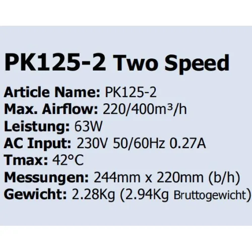 Prima Klima II 2 Speed radial Ventilator