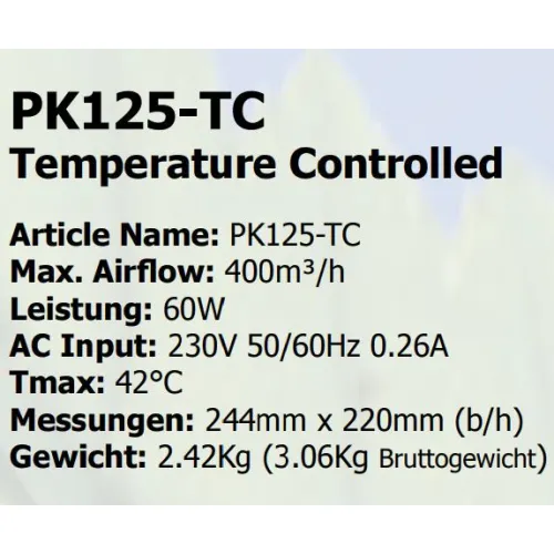 PRIMA KLIMA FAN TEMP. CONTROLLED 400m³/h 125 mm Flansch