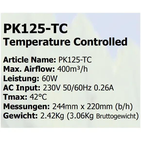 PRIMA KLIMA FAN TEMP. CONTROLLED 400m³/h 125 mm Flansch