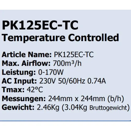Prima Klima EC Ventilator Temp./Speed Controlled 700m³/h 125mm