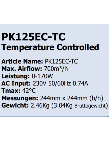Prima Klima EC Ventilator Temp./Speed Controlled 700m³/h 125mm