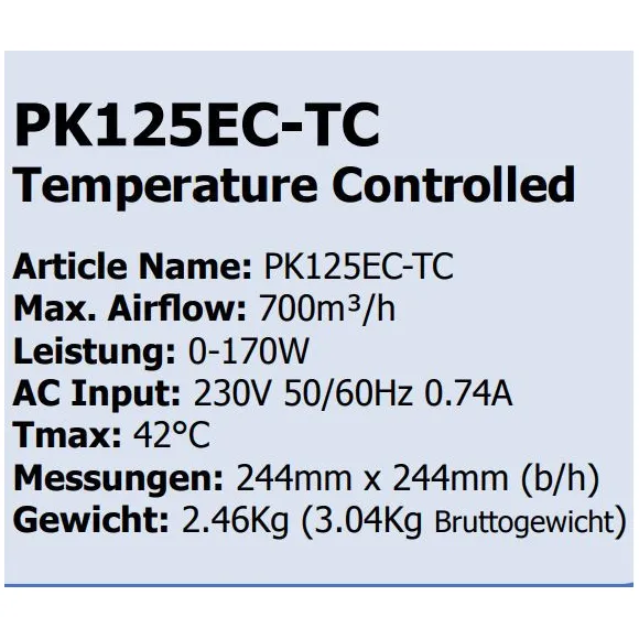 Prima Klima EC Ventilator Temp./Speed Controlled 700m³/h 125mm