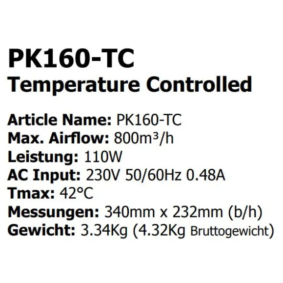 Prima Klima Fan Temp./Speed Controlled 820m³/h 160mm Flansch