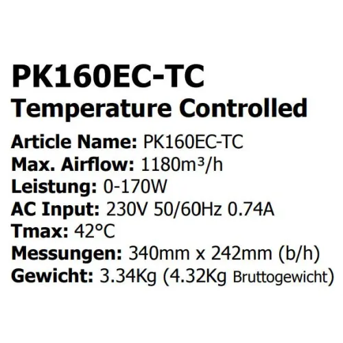 Prima Klima EC Ventilator 160mm 1180m³/h Temp./ Speed Controlled