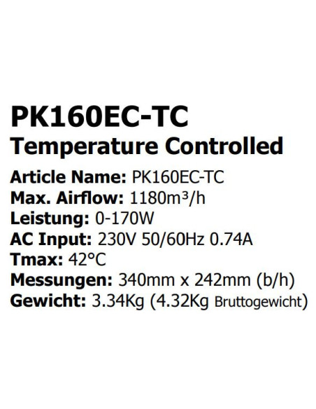 Prima Klima EC fan 160mm 1180m³/h Temp./ Speed Controlled